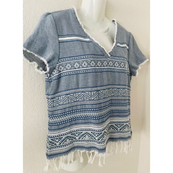 DREW Women Blue Textured Striped Top Pullover V Neck Fringe Bottom Hem Medium - Picture 3 of 6